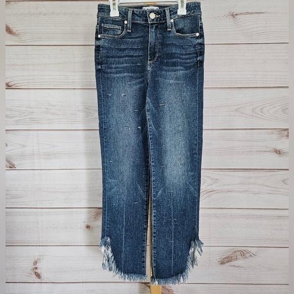 PAIGE Denim Hoxton Straight Cropped Ankle Jeans in Distressed Norfolk Blue Sz 25 - Picture 2 of 16